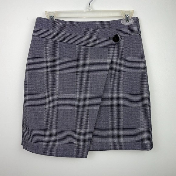 LOFT Ann Taylor Plaid Houndstooth Wrap Mini Pencil Skirt Grey Black Women's Sz 2 - Picture 1 of 6